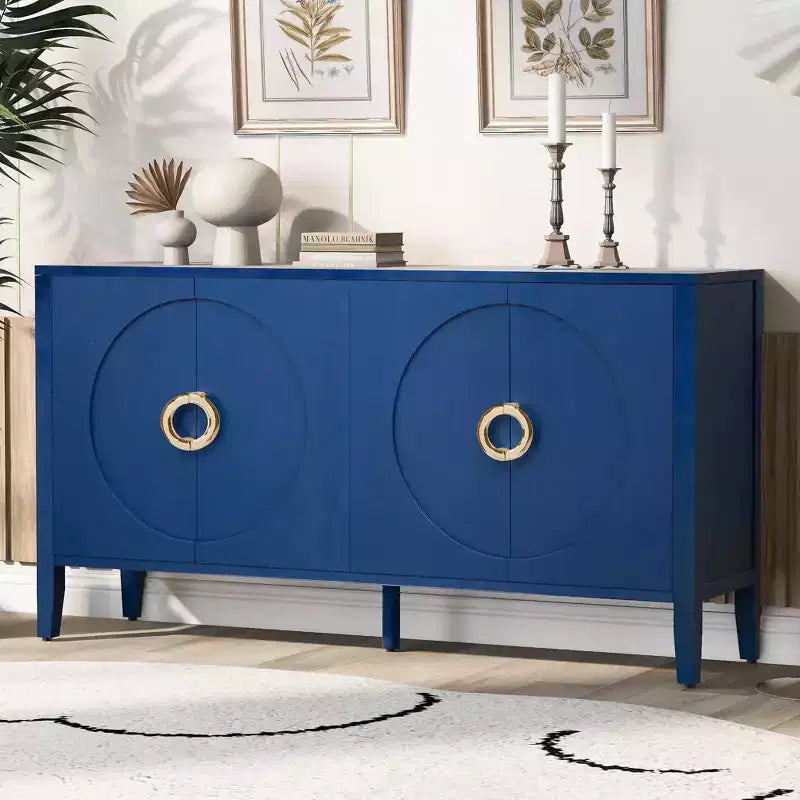 Modern Farmhouse Sideboard Buffet Cabinet, Kitchen Storage Cabinet With Adjustable Shelves And 4 Doors, Coffee Bar Cupboard Navy Blue