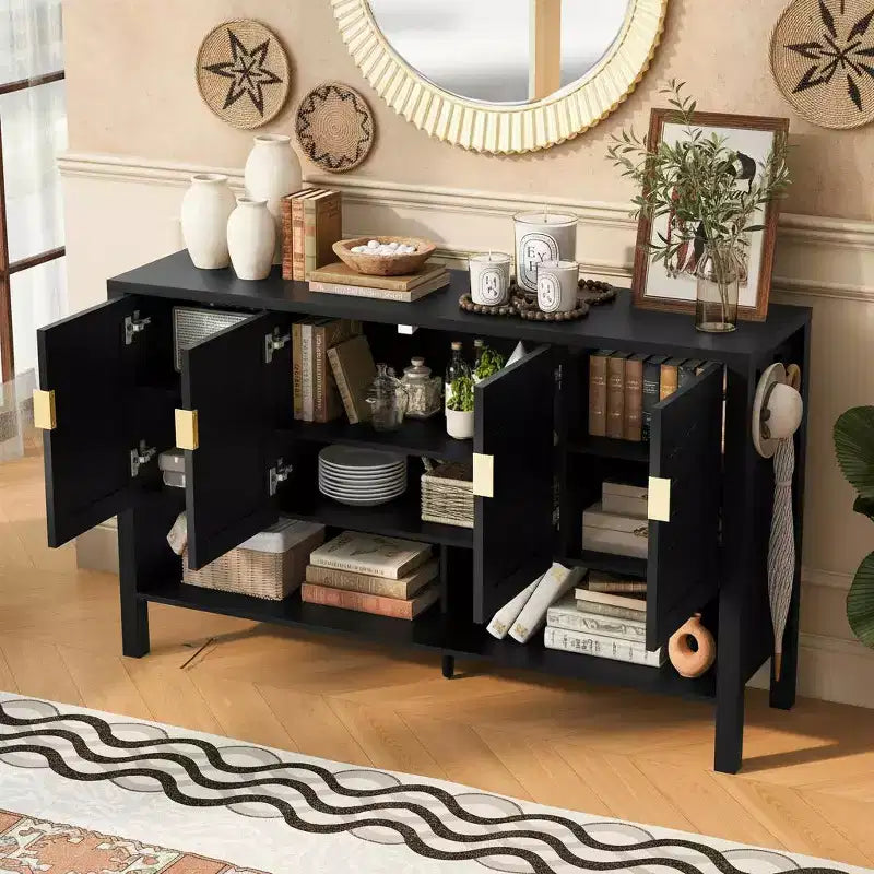 Merax 4-Door Geometric Sideboard with Dual Hooks, Adjustable Shelves, and Open Bottom Display