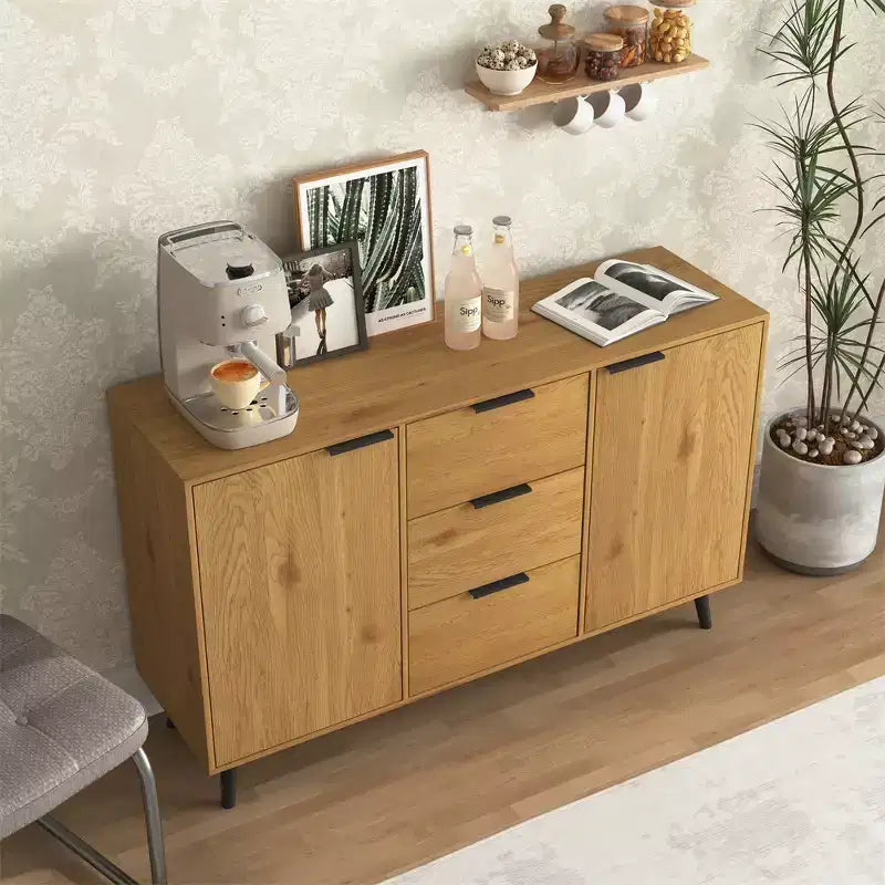 Sideboard Buffet Cabinet With Storage, Wood Coffee Bar Cabinet, Console Cabinet With 3 Drawers & 1 Door, Kitchen Buffet Cabinet Cupboard Natural