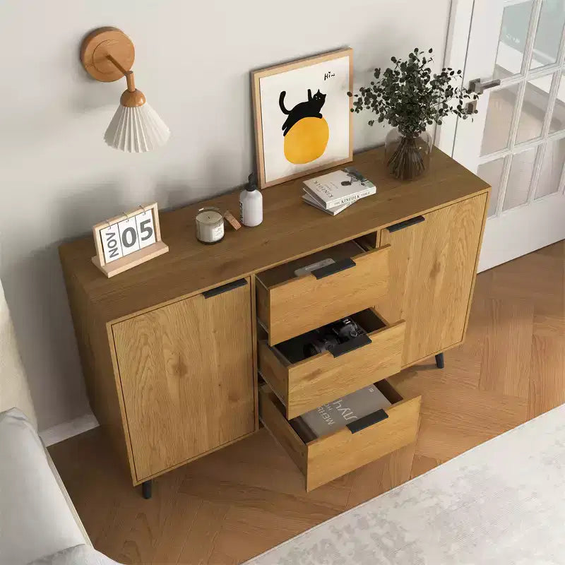 Credenza con mobile contenitore, mobile bar in legno, mobile consolle con 3 cassetti e 1 anta, credenza da cucina naturale