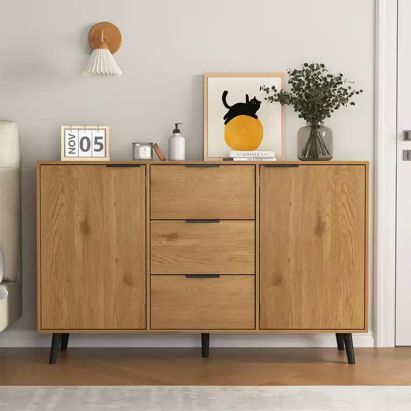 Credenza con mobile contenitore, mobile bar in legno, mobile consolle con 3 cassetti e 1 anta, credenza da cucina naturale