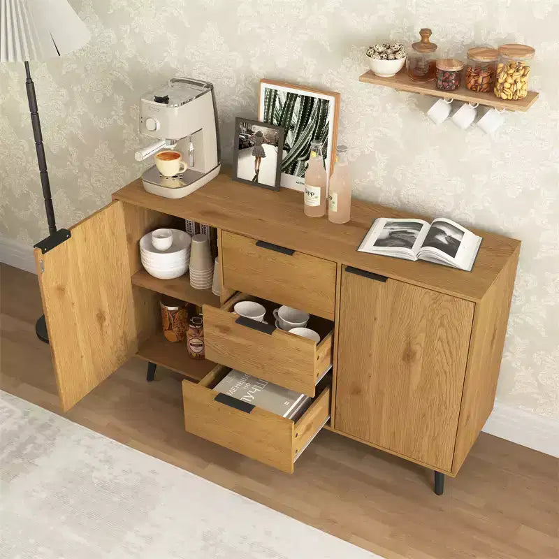 Credenza con mobile contenitore, mobile bar in legno, mobile consolle con 3 cassetti e 1 anta, credenza da cucina naturale