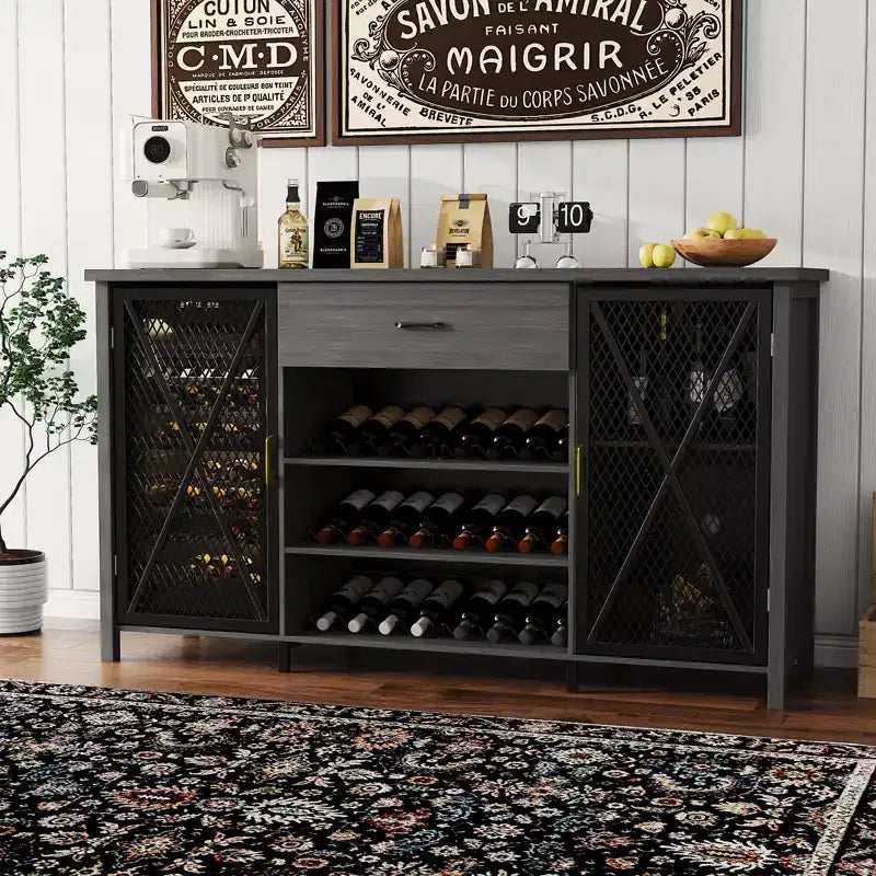 71 Coffee Bar Cabinet with Fridge Space, Wine Rack, Drawers for Kitchen & Dining Room, Modern Wood Metal Design-Black
