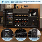 Meuble de bar à café de 71 po avec espace réfrigérateur, casier à vin, tiroirs pour cuisine et salle à manger, design moderne en bois et métal - Noir