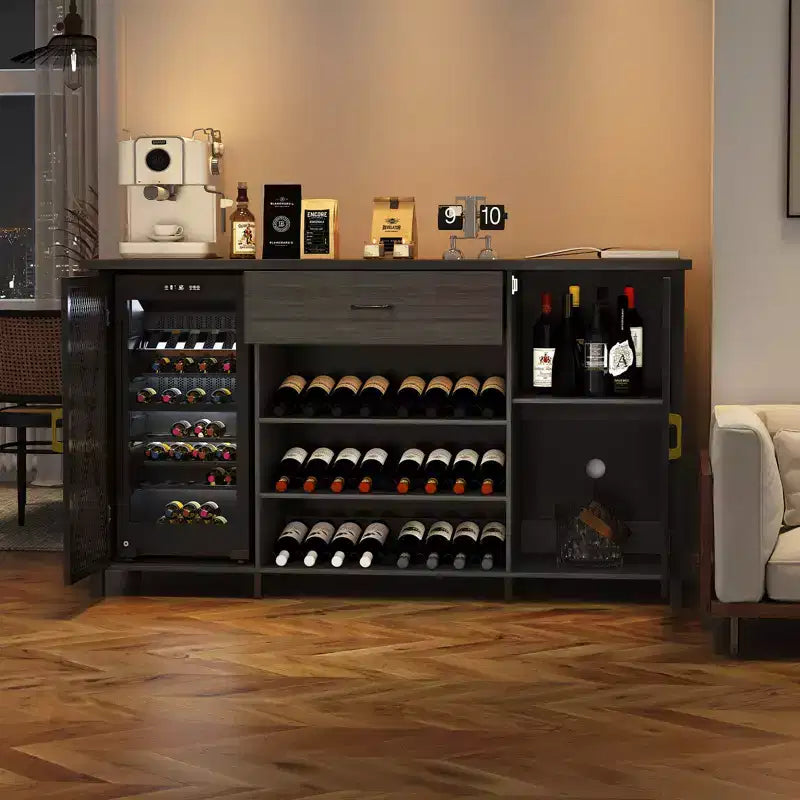 Meuble de bar à café de 71 po avec espace réfrigérateur, casier à vin, tiroirs pour cuisine et salle à manger, design moderne en bois et métal - Noir