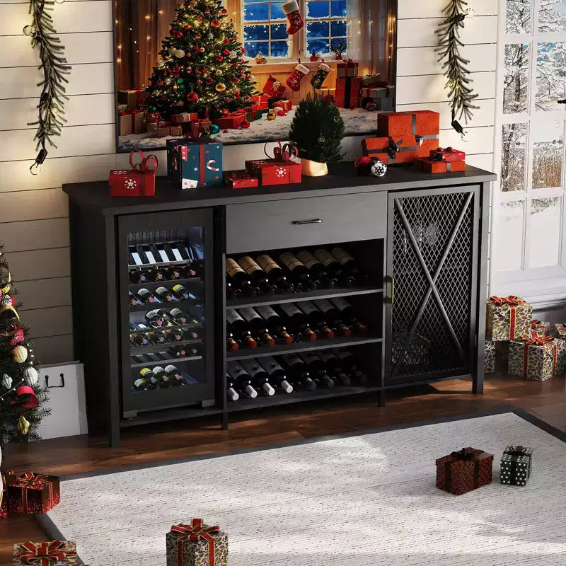Meuble de bar à café de 71 po avec espace réfrigérateur, casier à vin, tiroirs pour cuisine et salle à manger, design moderne en bois et métal - Noir