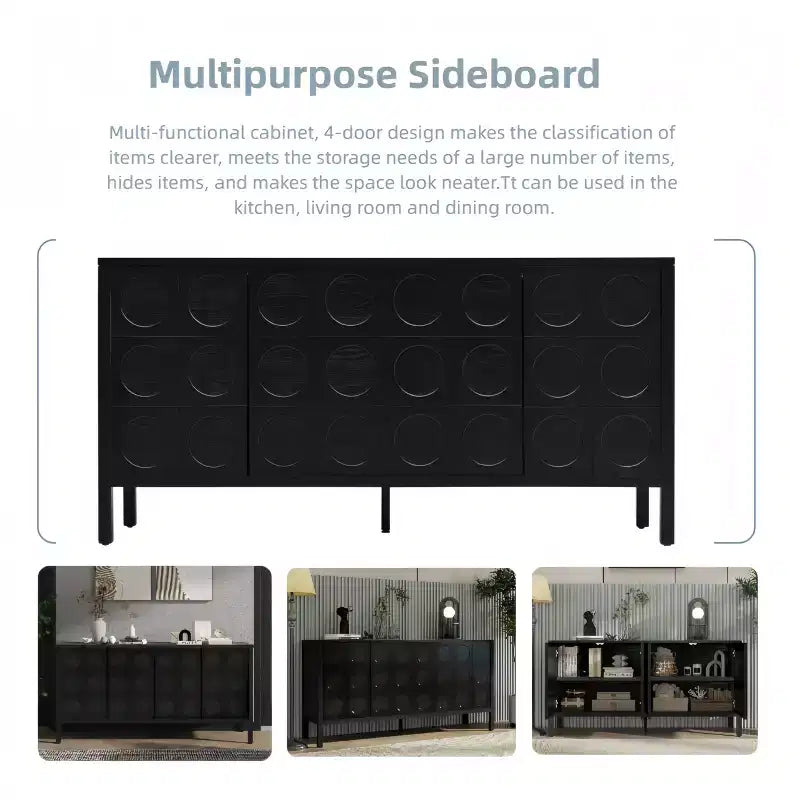 Credenza Madia con Contenitore, Mobile Bar da Caffè in Legno, Armadietto Contenitore Consolle con 4 Ante dal Design Circolare Geometrico, Credenza Nera