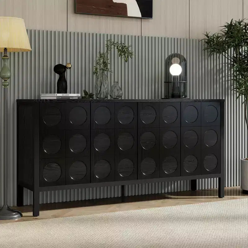 Credenza Madia con Contenitore, Mobile Bar da Caffè in Legno, Armadietto Contenitore Consolle con 4 Ante dal Design Circolare Geometrico, Credenza Nera