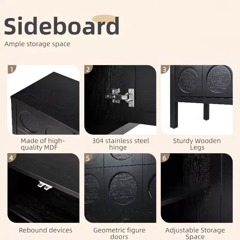 Credenza Madia con Contenitore, Mobile Bar da Caffè in Legno, Armadietto Contenitore Consolle con 4 Ante dal Design Circolare Geometrico, Credenza Nera