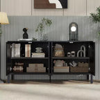 Credenza Madia con Contenitore, Mobile Bar da Caffè in Legno, Armadietto Contenitore Consolle con 4 Ante dal Design Circolare Geometrico, Credenza Nera