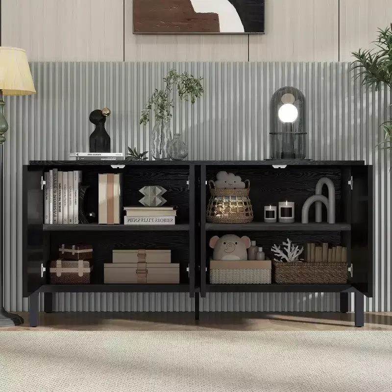 Credenza Madia con Contenitore, Mobile Bar da Caffè in Legno, Armadietto Contenitore Consolle con 4 Ante dal Design Circolare Geometrico, Credenza Nera