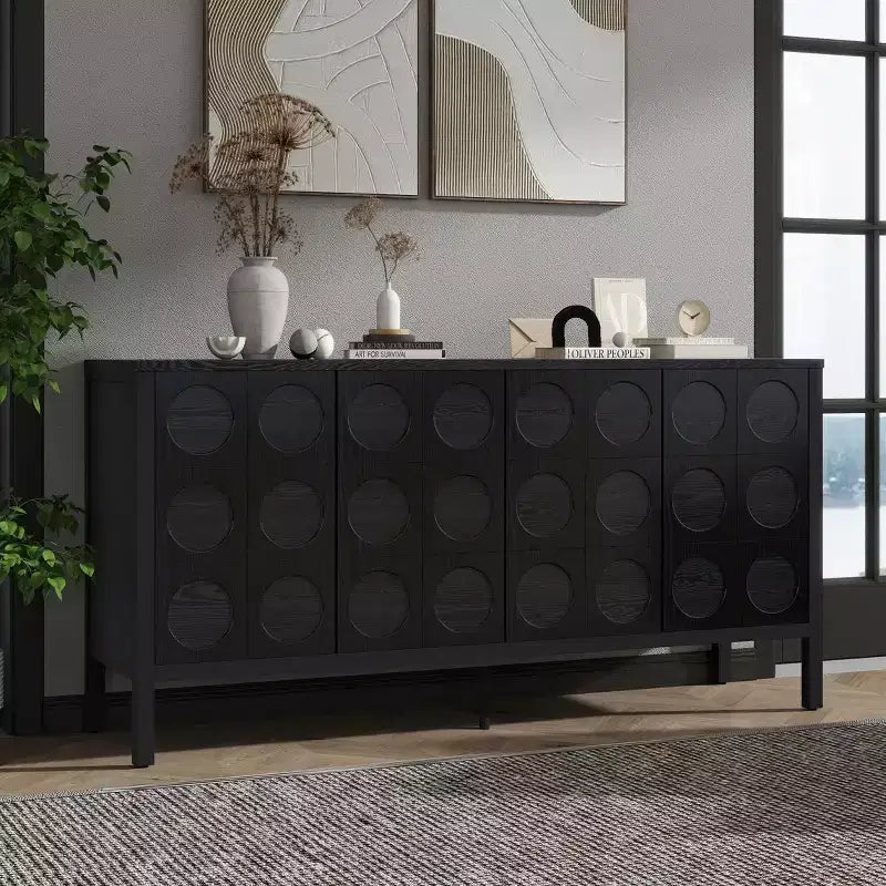 Credenza Madia con Contenitore, Mobile Bar da Caffè in Legno, Armadietto Contenitore Consolle con 4 Ante dal Design Circolare Geometrico, Credenza Nera