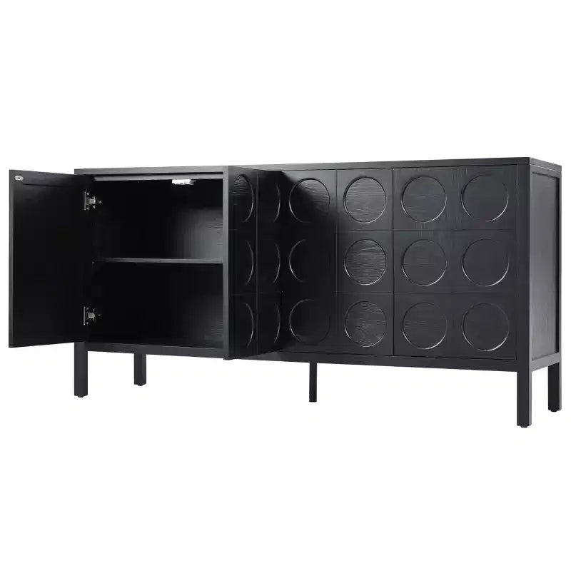 Credenza Madia con Contenitore, Mobile Bar da Caffè in Legno, Armadietto Contenitore Consolle con 4 Ante dal Design Circolare Geometrico, Credenza Nera