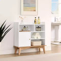Sideboard Buffet Cabinet, Colorblocking Floor Sideboard with Wood Base & Feet, Wooden Cabinet with 1 Door and 4 Open Storage Shelves OFF White
