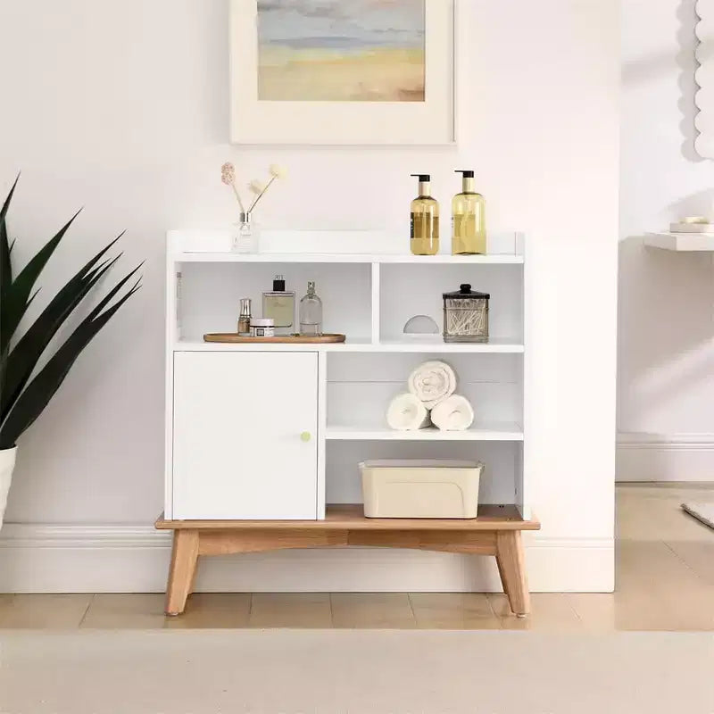 Madia Credenza, Madia da Pavimento Colorblocking con Base e Piedini in Legno, Mobiletto in Legno con 1 Anta e 4 Ripiani a Giorno Bianco Sporco