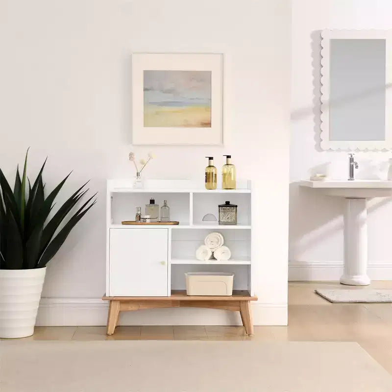 Madia Credenza, Madia da Pavimento Colorblocking con Base e Piedini in Legno, Mobiletto in Legno con 1 Anta e 4 Ripiani a Giorno Bianco Sporco