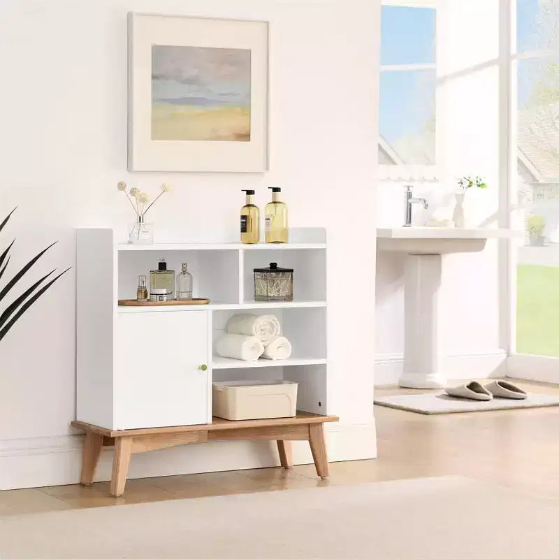 Madia Credenza, Madia da Pavimento Colorblocking con Base e Piedini in Legno, Mobiletto in Legno con 1 Anta e 4 Ripiani a Giorno Bianco Sporco