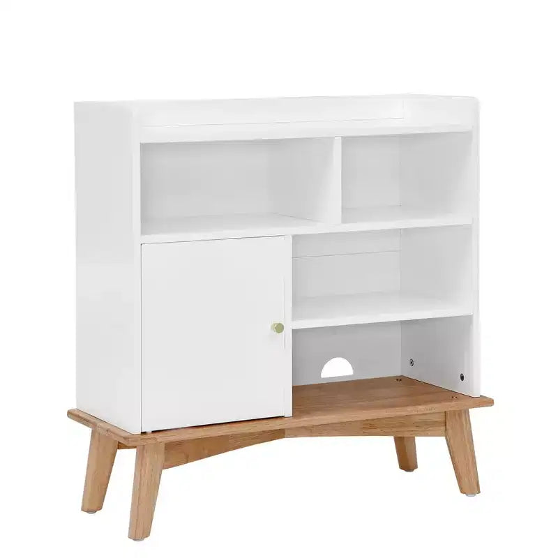 Madia Credenza, Madia da Pavimento Colorblocking con Base e Piedini in Legno, Mobiletto in Legno con 1 Anta e 4 Ripiani a Giorno Bianco Sporco
