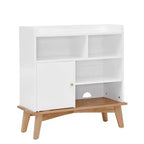 Madia Credenza, Madia da Pavimento Colorblocking con Base e Piedini in Legno, Mobiletto in Legno con 1 Anta e 4 Ripiani a Giorno Bianco Sporco