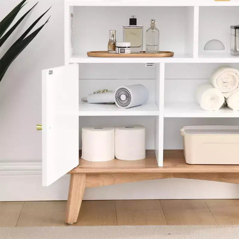 Madia Credenza, Madia da Pavimento Colorblocking con Base e Piedini in Legno, Mobiletto in Legno con 1 Anta e 4 Ripiani a Giorno Bianco Sporco