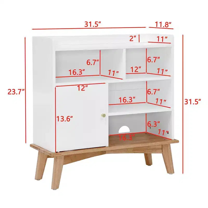 Madia Credenza, Madia da Pavimento Colorblocking con Base e Piedini in Legno, Mobiletto in Legno con 1 Anta e 4 Ripiani a Giorno Bianco Sporco