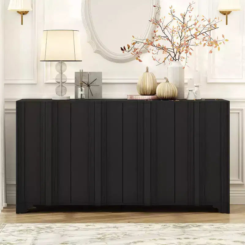 Exquisite four-door sideboard, adorned with intricate linear embellishments and luxurious multi-layered pine veneer design elements Black