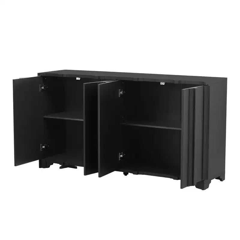 Squisita credenza a quattro ante, impreziosita da intricati abbellimenti lineari e lussuosi elementi di design in multistrato di pino impiallacciato nero