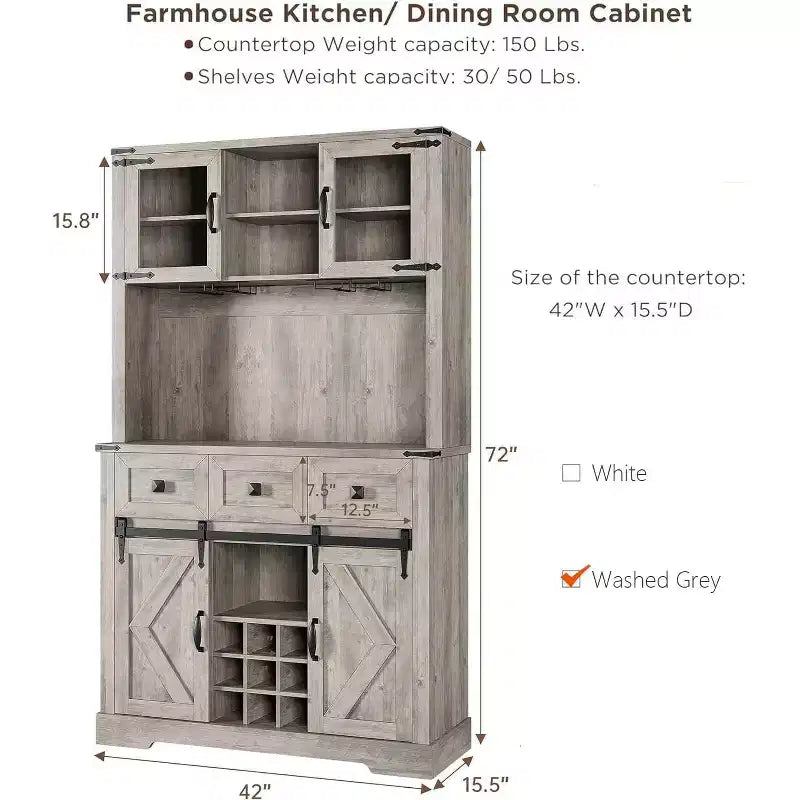 Mobile Bar da Fattoria da 72 pollici con Porta Scorrevole a Granaio, Credenza Alta da Cucina con 3 Cassetti, Madia Rustica per Caffè e Vino con Portabottiglie e Calici