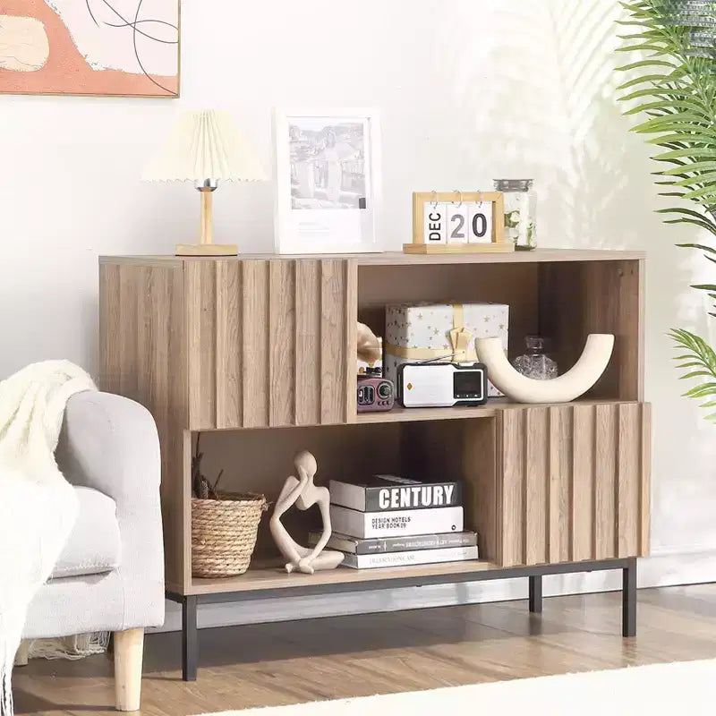 Fluted Cabinet with Storage, Mid Century Sideboard Buffet Cabinet with Door & Metal Legs, Console Sofa Table for Living Room Hallway