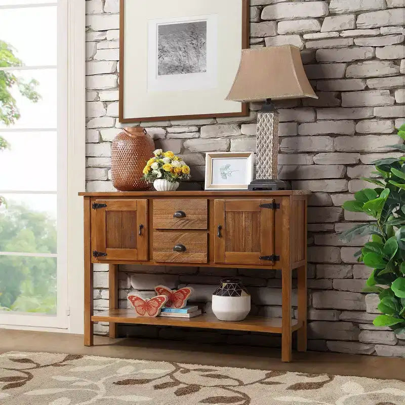 TUYOHW 48 Mobile Credenza Consolle in Legno Massello di Pino, Armadietto con 2 Cassetti, 2 Ante, Ripiano Inferiore, Madia per Cucina, Sala da Pranzo