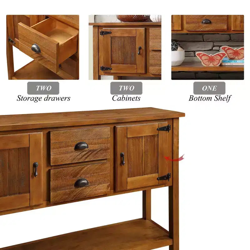 TUYOHW 48 Mobile Credenza Consolle in Legno Massello di Pino, Armadietto con 2 Cassetti, 2 Ante, Ripiano Inferiore, Madia per Cucina, Sala da Pranzo