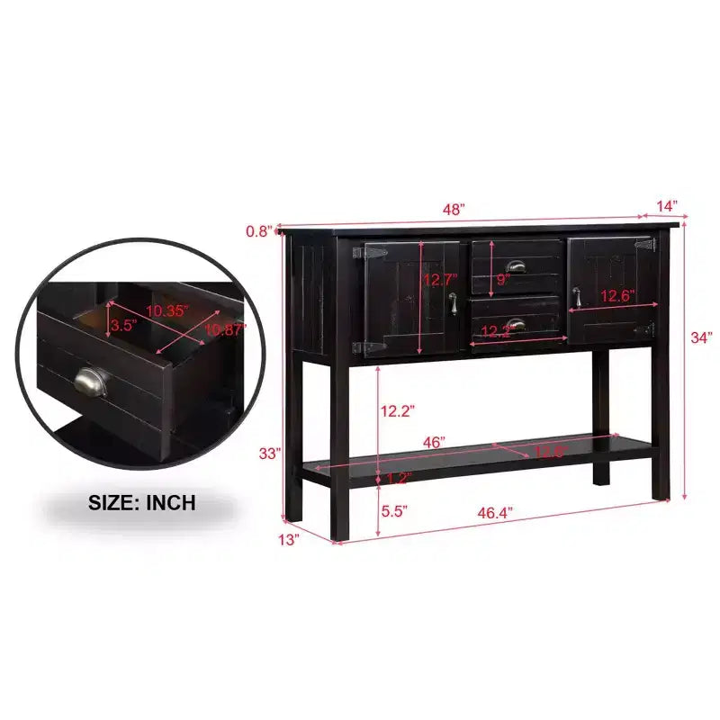 TUYOHW 48 Mobile Credenza Consolle in Legno Massello di Pino, Armadietto con 2 Cassetti, 2 Ante, Ripiano Inferiore, Madia per Cucina, Sala da Pranzo