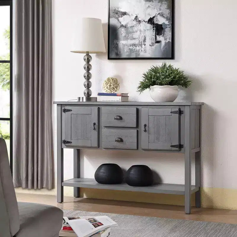 TUYOHW 48 Mobile Credenza Consolle in Legno Massello di Pino, Armadietto con 2 Cassetti, 2 Ante, Ripiano Inferiore, Madia per Cucina, Sala da Pranzo