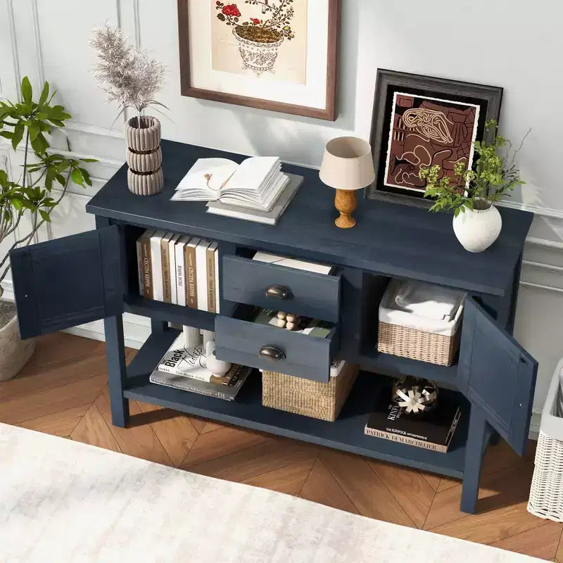 TUYOHW 48 Mobile Credenza Consolle in Legno Massello di Pino, Armadietto con 2 Cassetti, 2 Ante, Ripiano Inferiore, Madia per Cucina, Sala da Pranzo