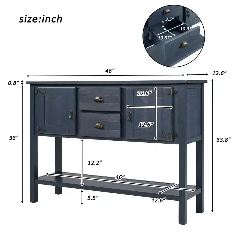 TUYOHW 48 Mobile Credenza Consolle in Legno Massello di Pino, Armadietto con 2 Cassetti, 2 Ante, Ripiano Inferiore, Madia per Cucina, Sala da Pranzo