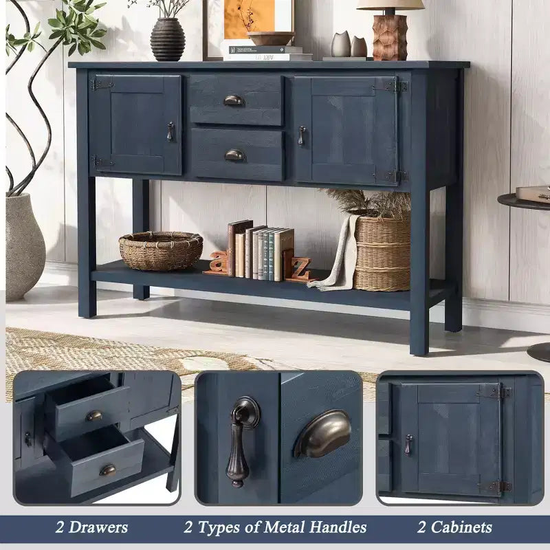 TUYOHW 48 Mobile Credenza Consolle in Legno Massello di Pino, Armadietto con 2 Cassetti, 2 Ante, Ripiano Inferiore, Madia per Cucina, Sala da Pranzo