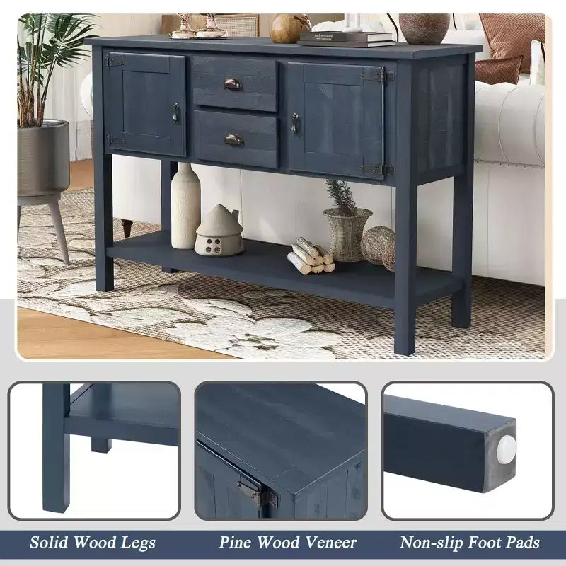 TUYOHW 48 Mobile Credenza Consolle in Legno Massello di Pino, Armadietto con 2 Cassetti, 2 Ante, Ripiano Inferiore, Madia per Cucina, Sala da Pranzo