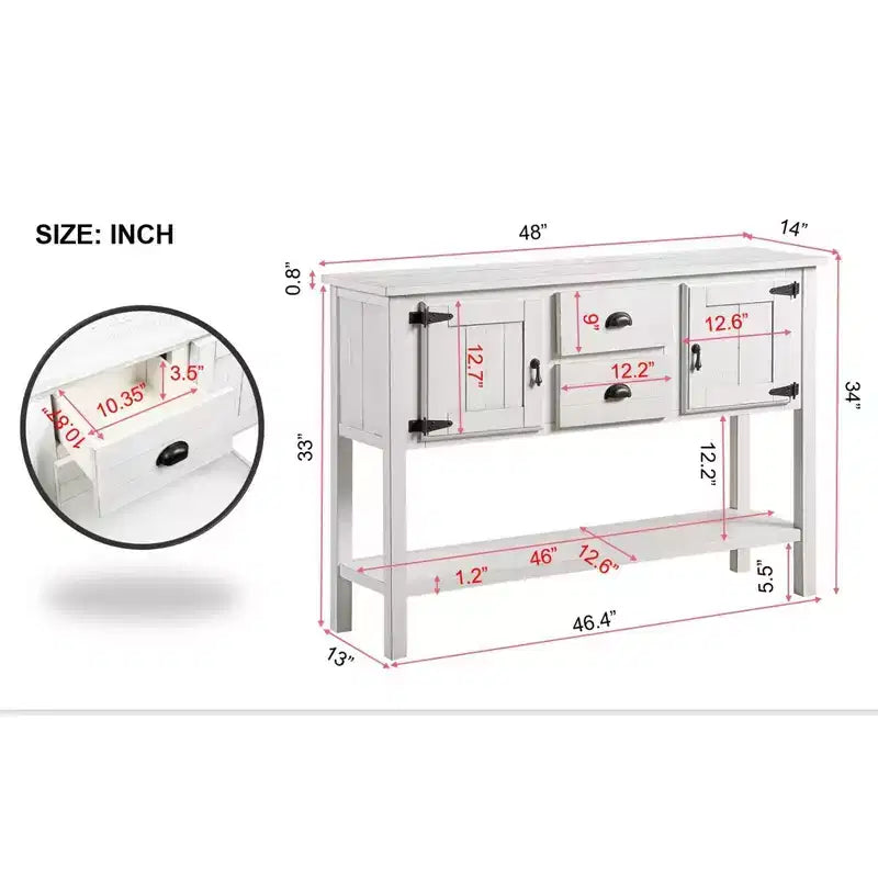 TUYOHW 48 Mobile Credenza Consolle in Legno Massello di Pino, Armadietto con 2 Cassetti, 2 Ante, Ripiano Inferiore, Madia per Cucina, Sala da Pranzo