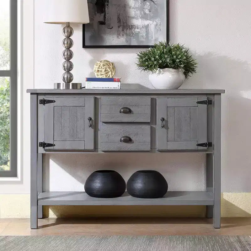 TUYOHW 48 Mobile Credenza Consolle in Legno Massello di Pino, Armadietto con 2 Cassetti, 2 Ante, Ripiano Inferiore, Madia per Cucina, Sala da Pranzo