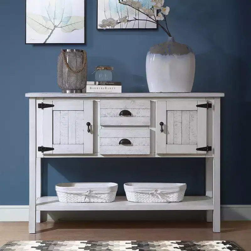 TUYOHW 48 Mobile Credenza Consolle in Legno Massello di Pino, Armadietto con 2 Cassetti, 2 Ante, Ripiano Inferiore, Madia per Cucina, Sala da Pranzo