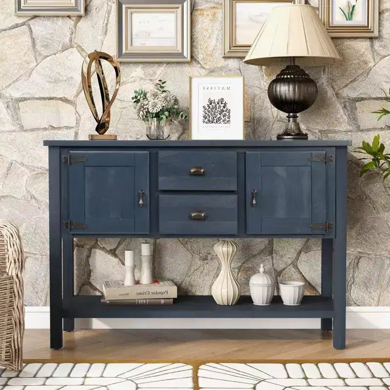 TUYOHW 48 Mobile Credenza Consolle in Legno Massello di Pino, Armadietto con 2 Cassetti, 2 Ante, Ripiano Inferiore, Madia per Cucina, Sala da Pranzo