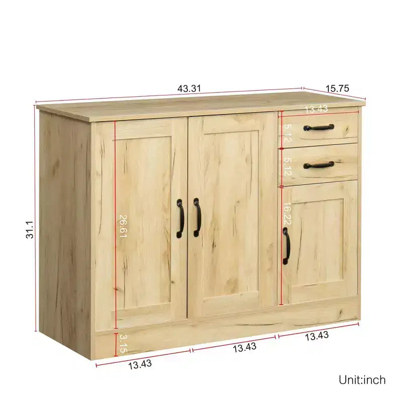 TUYOHW 43.3 Credenza Moderna in Legno, Mobile Contenitore con 2 Ante, 2 Cassetti, Scaffale Rimovibile, Mobiletto di Servizio con Finitura Rovere per Sala da Pranzo, Soggiorno