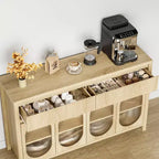 Buffet cannelé avec rangement, Buffet 140 cm avec 2 tiroirs Meuble de rangement de cuisine avec 4 portes vitrées Table buffet Bar à café