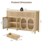 Buffet cannelé avec rangement, Buffet 140 cm avec 2 tiroirs Meuble de rangement de cuisine avec 4 portes vitrées Table buffet Bar à café