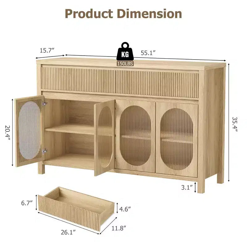 Buffet cannelé avec rangement, Buffet 140 cm avec 2 tiroirs Meuble de rangement de cuisine avec 4 portes vitrées Table buffet Bar à café