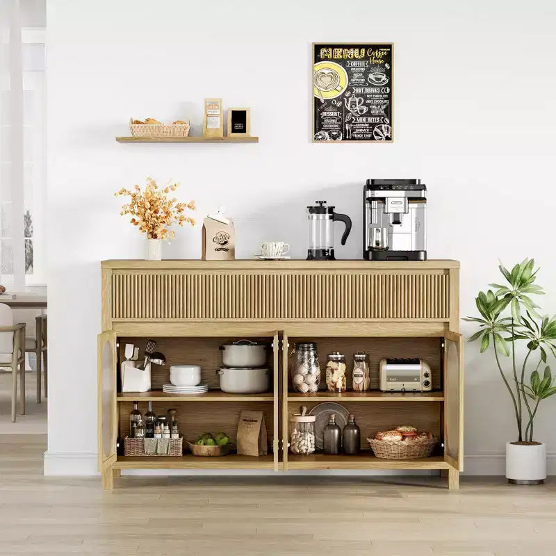 Buffet cannelé avec rangement, Buffet 140 cm avec 2 tiroirs Meuble de rangement de cuisine avec 4 portes vitrées Table buffet Bar à café