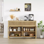 Buffet cannelé avec rangement, Buffet 140 cm avec 2 tiroirs Meuble de rangement de cuisine avec 4 portes vitrées Table buffet Bar à café