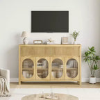 Buffet cannelé avec rangement, Buffet 140 cm avec 2 tiroirs Meuble de rangement de cuisine avec 4 portes vitrées Table buffet Bar à café