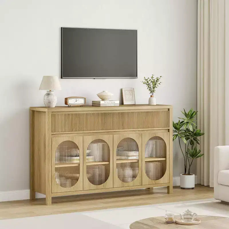 Buffet cannelé avec rangement, Buffet 140 cm avec 2 tiroirs Meuble de rangement de cuisine avec 4 portes vitrées Table buffet Bar à café
