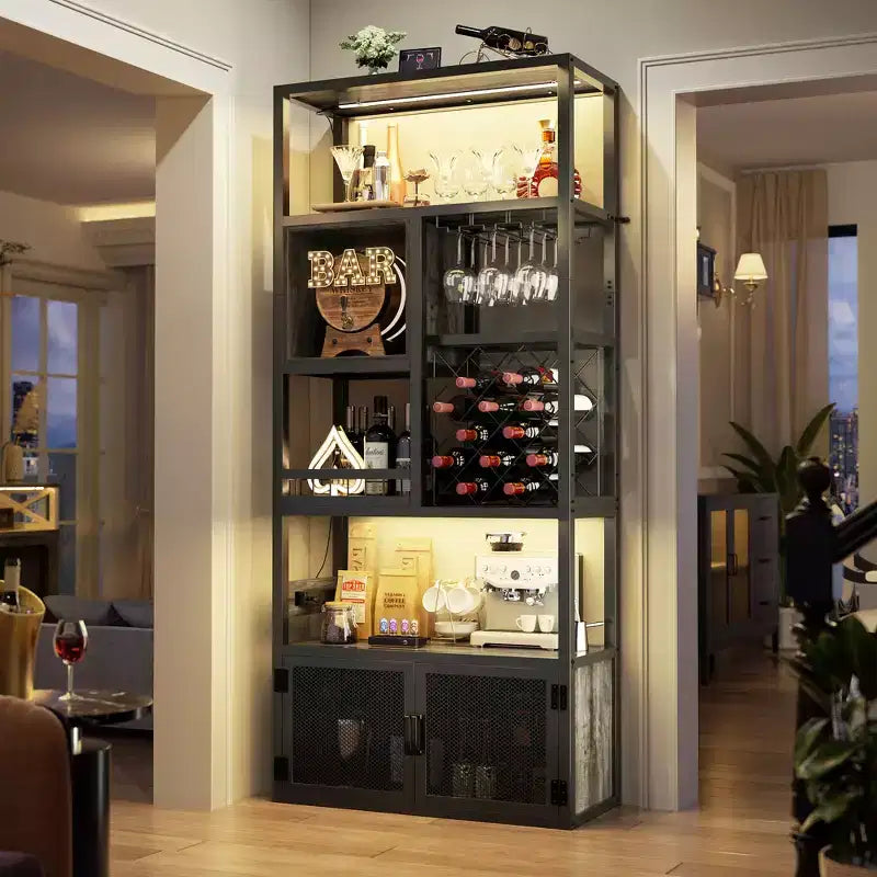 Besiost Mobile Bar per Vino a Colonna da 82,6" con Luci LED e Prese Elettriche